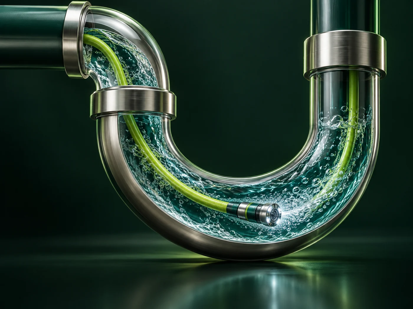 Concept illustration of a cutaway drain with water and an inspection tool.