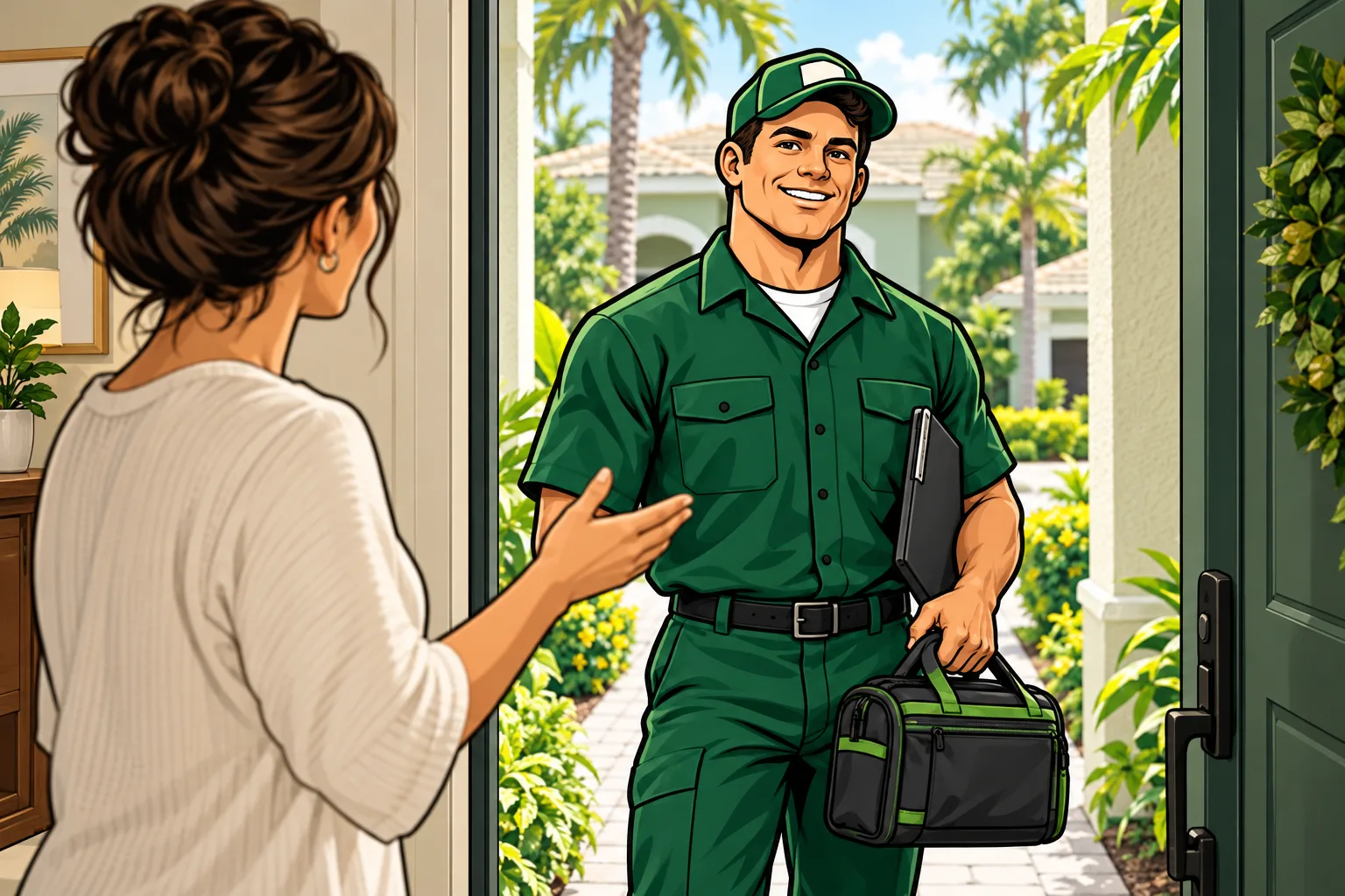 A Drain Boys technician arrives at a home with his tool bag.